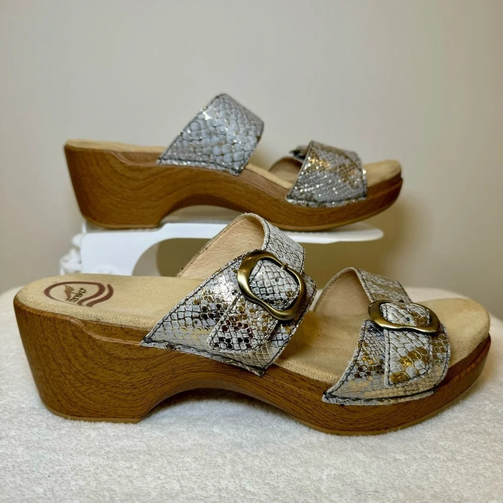 Dansko Sophie Leather Snakeskin‎ Metallic Slide Sandal Double Strap EUR size 41